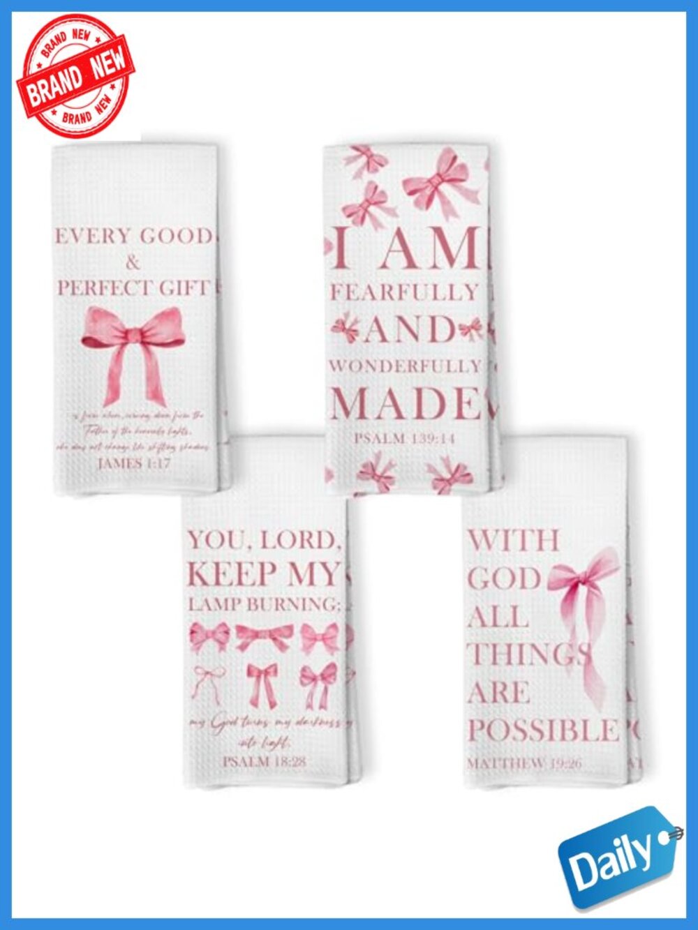 Set of 4 Pink Christian Kitchen Towels, Bible Verse Decorative Hand Towels 16x24